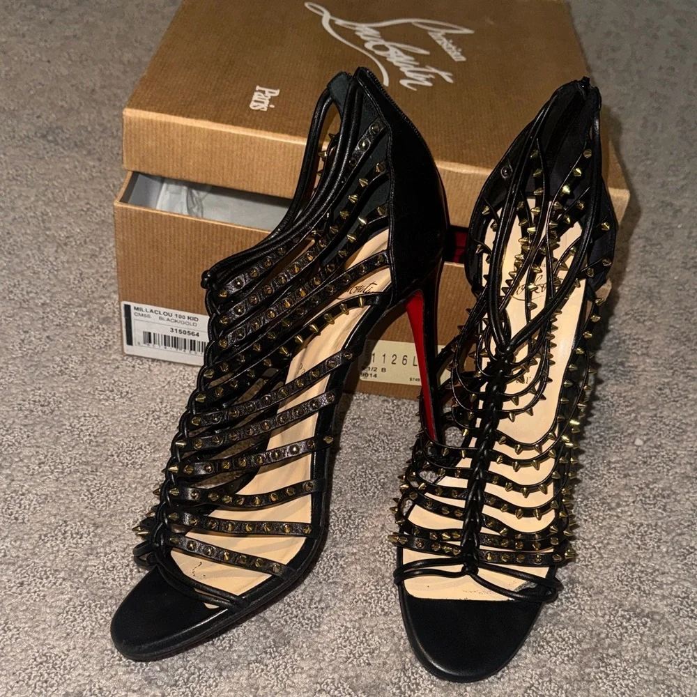 Christian Louboutin Black Strappy Studded Heels - Picture 1 of 4